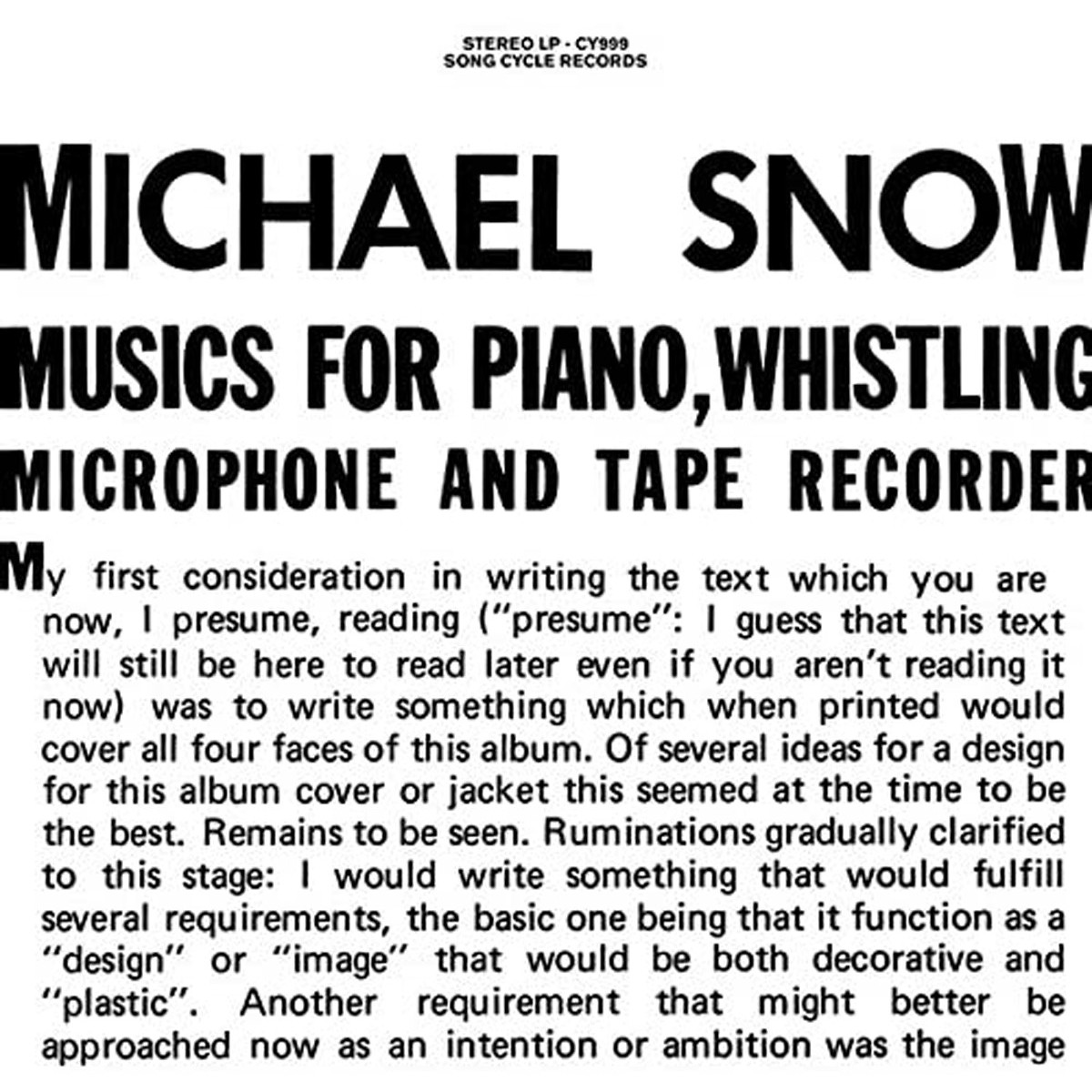 Michael Snow - Music For Piano, Whistling, Microphone And Tape Recorder